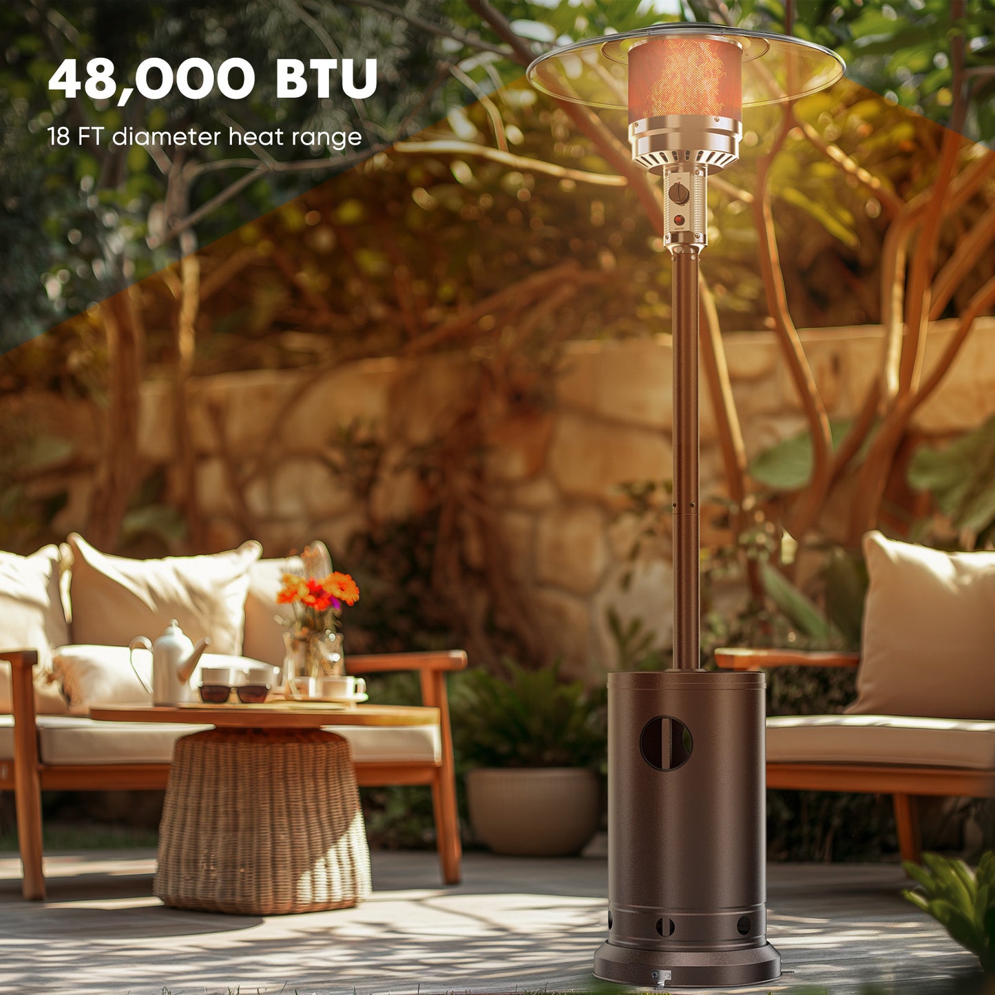 48,000 BTU Propane Patio Heater With Tabletop, Double-Layer Stainless Steel Burner And Safety Protection System